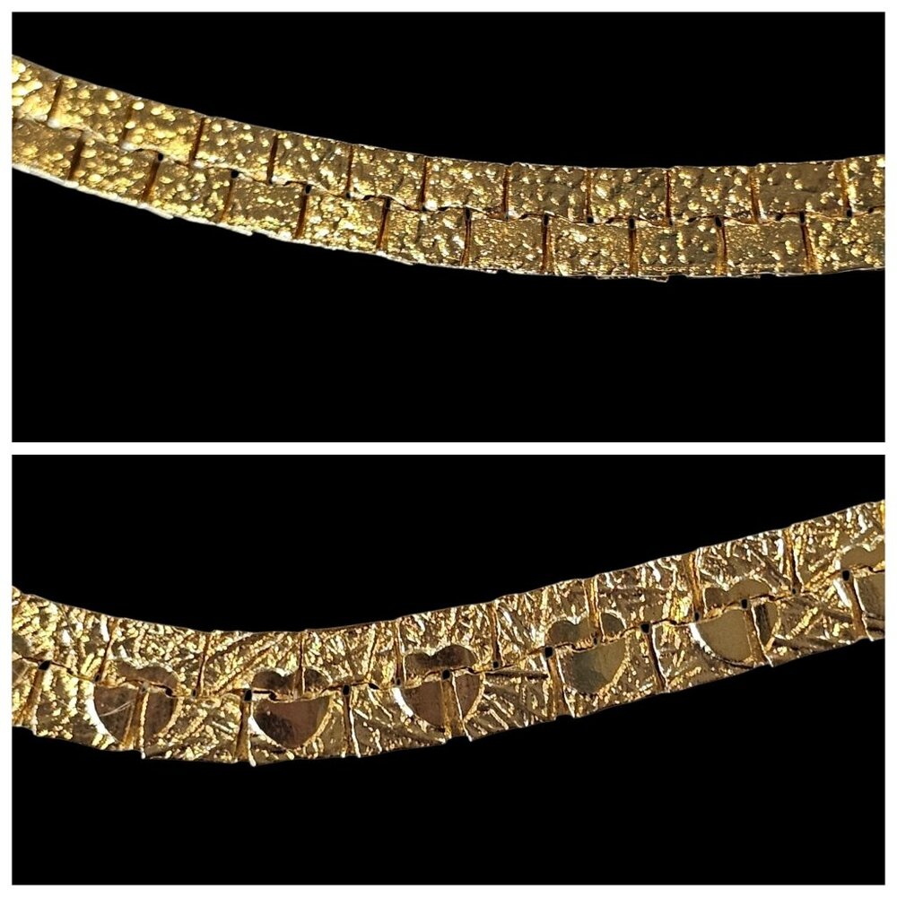 VTG Gold Plated Flat Chain Necklace Nugget‎ Textured Heart Reversible Signed 20"